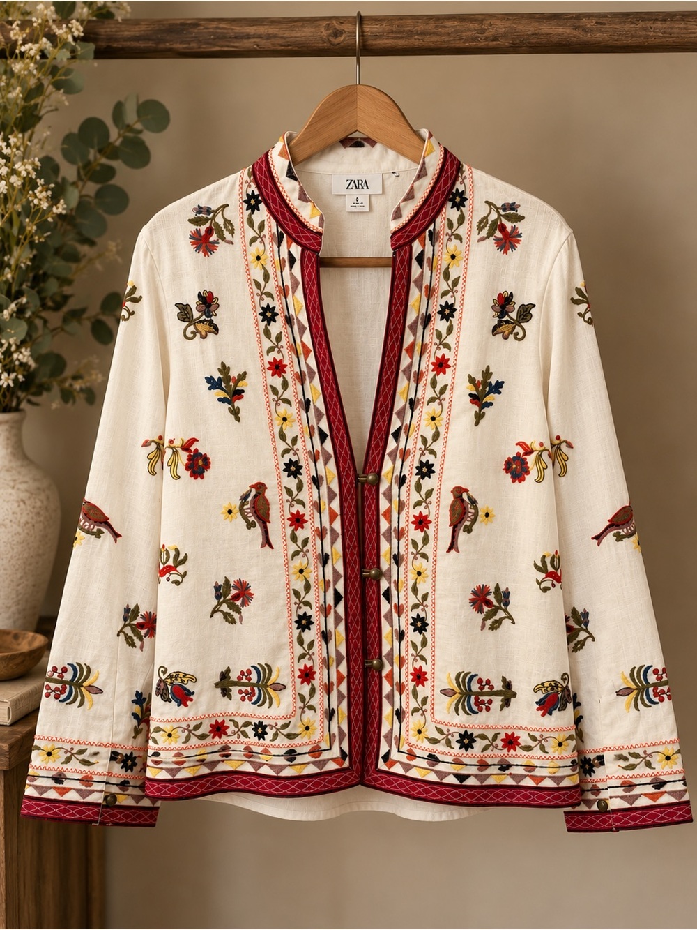 Zara Embroidered Cotton Linen Jacket Birds Flowers Boho Artisan Folk Size Small